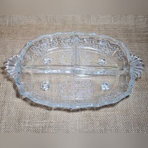 Vintage Fostoria Navarre Floral Etched Crystal 3 Part Relish Dish Footed Baroque